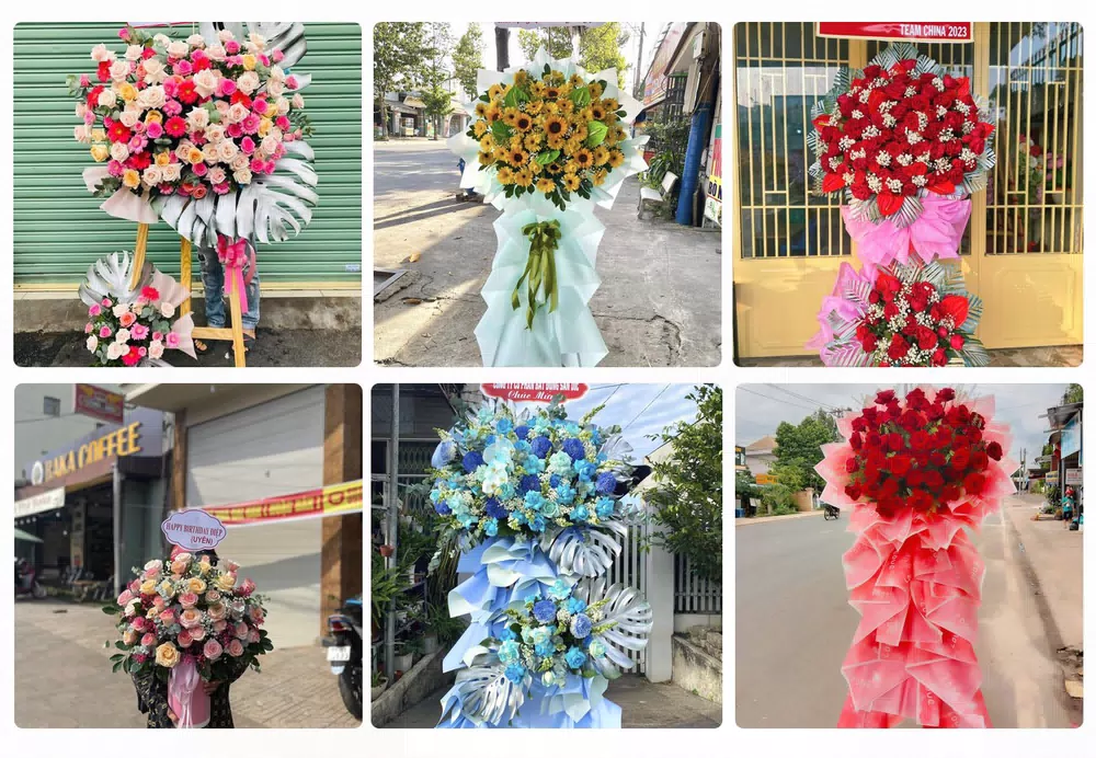 Kệ hoa khai trương tông đỏ vàng giao tại Chơn Thành, Bình Phước