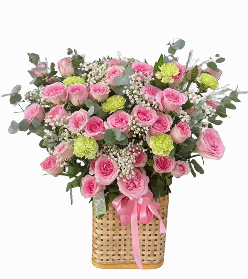 Giỏ Hoa Hồng Phấn Tươi Thắm