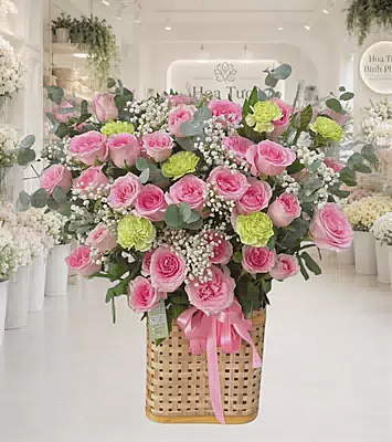 Giỏ Hoa Hồng Phấn Tươi Thắm