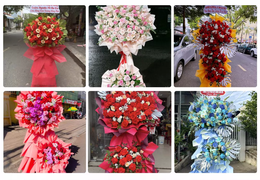 Kệ hoa chúc mừng khai trương kèm băng rôn tại Bình Long, Bình Phước