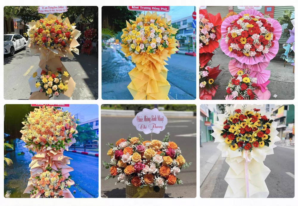 Kệ hoa khai trương tông đỏ vàng giao tại Bù Đăng, Bình Phước