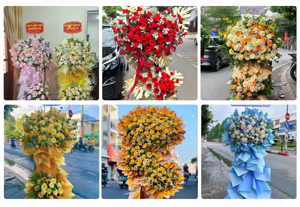 Kệ hoa chúc mừng khai trương kèm băng rôn giao tại Bù Đăng