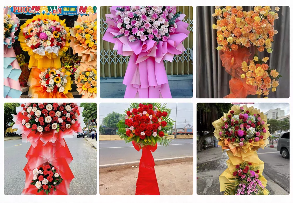 Kệ hoa khai trương tông đỏ vàng giao tại Đồng Xoài, Bình Phước