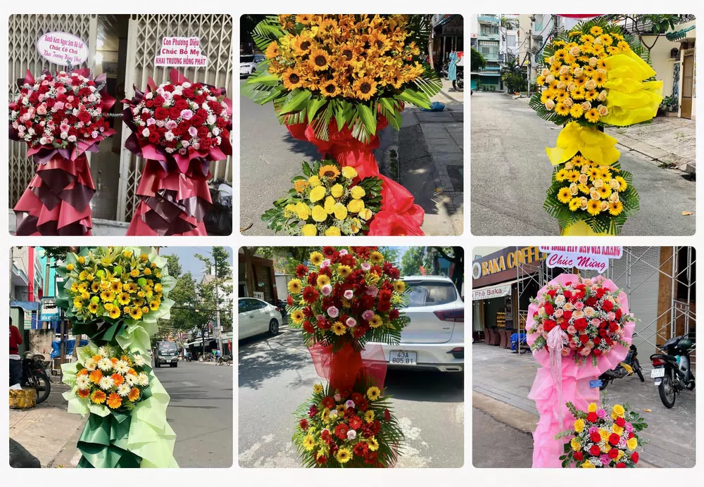 Kệ hoa khai trương tông đỏ vàng giao tại Bù Gia Mập, Bình Phước