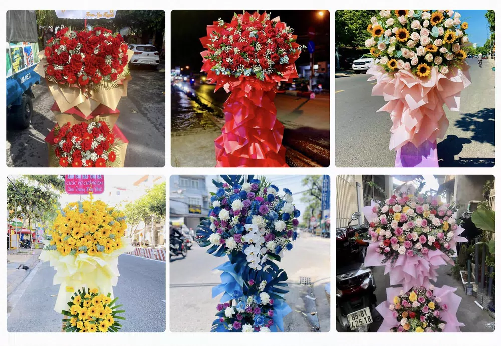 Kệ hoa chúc mừng khai trương kèm băng rôn tại Bù Gia Mập, Bình Phước