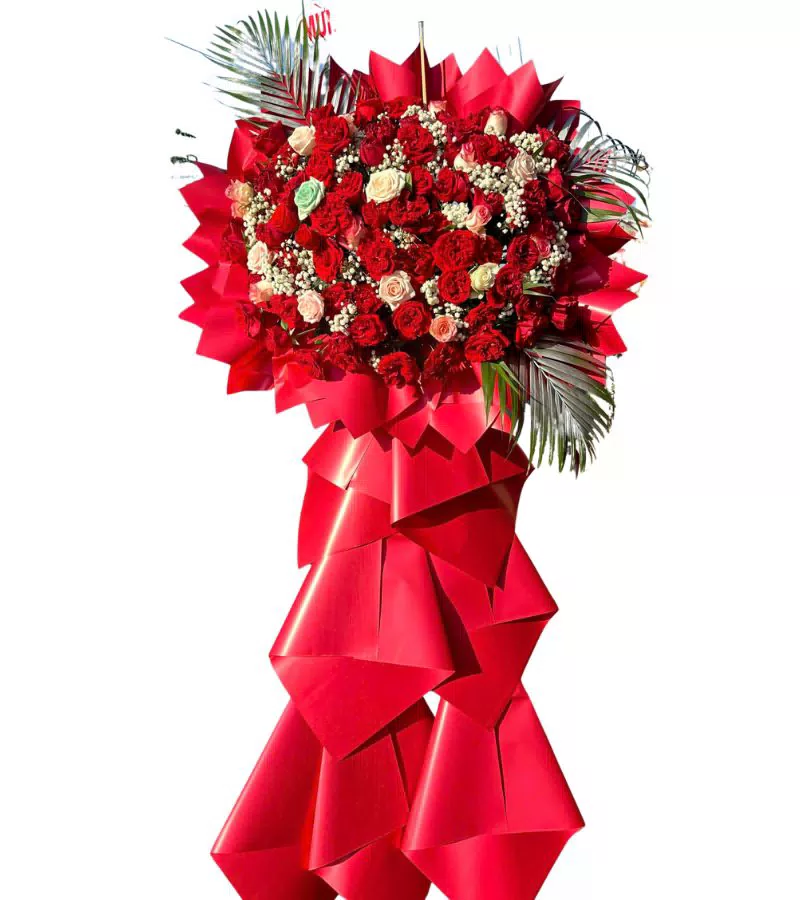 Kệ Hoa Khai Trương Đỏ Lá Cọ Sang Trọng