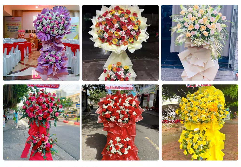 Kệ hoa chúc mừng khai trương kèm băng rôn giao tại Đồng Phú