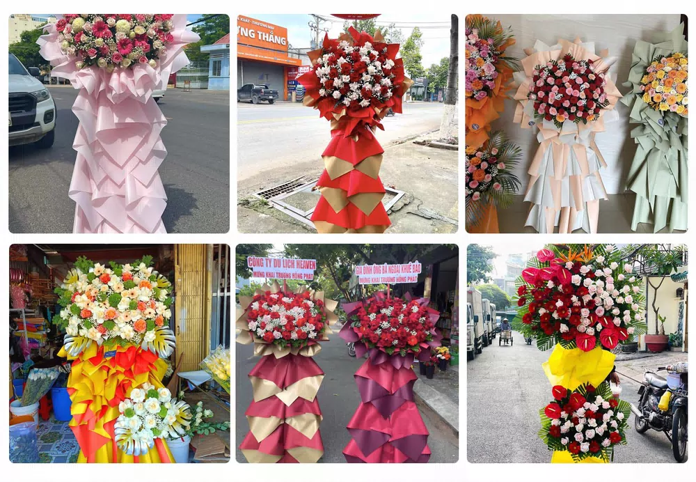 Hoa chúc mừng khai trương kèm băng rôn tại Lộc Ninh, Bình Phước