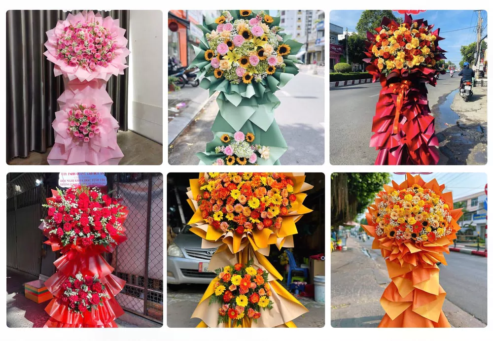 Kệ hoa chúc mừng khai trương kèm băng rôn tại Phú Riềng, Bình Phước
