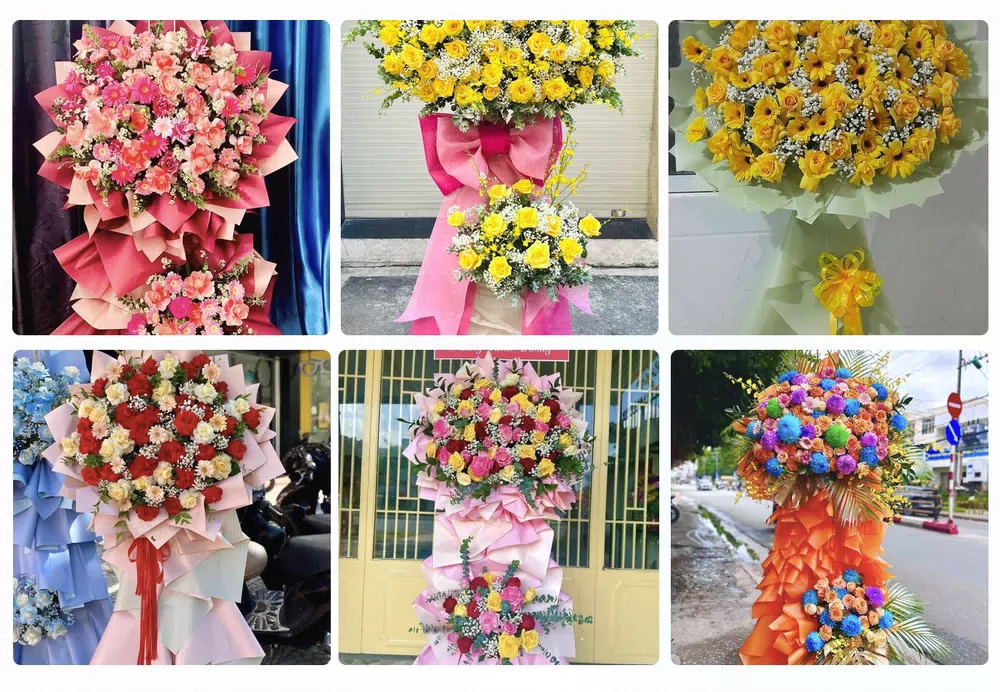 Kệ hoa khai trương tông đỏ vàng giao tại Phước Long, Bình Phước