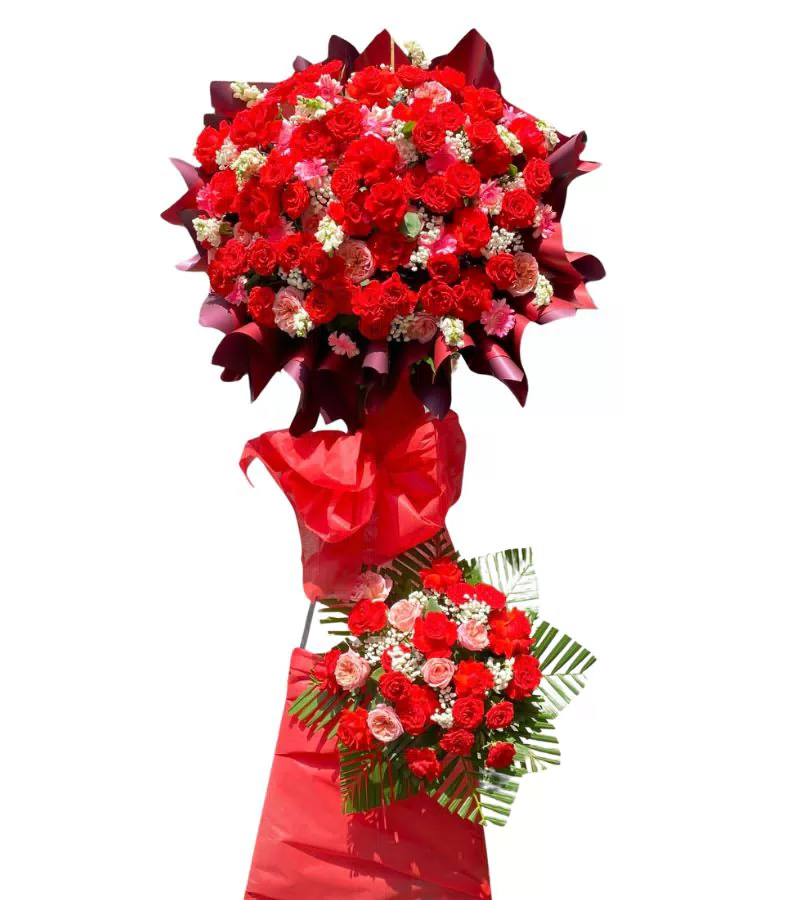 Kệ hoa khai trương tone đỏ 2 tầng