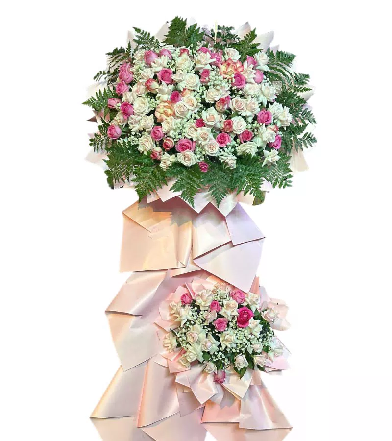 Kệ Hoa Khai Trương Trắng Hồng Lá Dương Xỉ